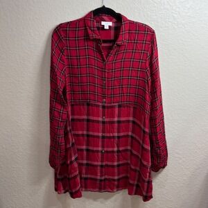 J. Jill Women XL Red Black Plaid Tunic Shirt Button Down Long Sleeve Cozy Casual